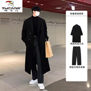 啄木鳥(niǎo)（TUCANO）秋冬新款毛呢大衣男士痞帥一套穿搭中長(cháng)款過(guò)膝呢子風(fēng)衣夾克外套男 【二件套】黑色大衣+西裝褲 XL