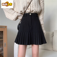 初徑大碼學(xué)院風(fēng)百褶裙半身裙女2021秋冬胖妹妹韓版高腰褶皺短裙a字裙 黑色（前拉鏈） M