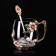 Luxury Flowers琺瑯彩水晶玻璃杯新款女士高顏值家用花茶杯子高檔辦公室精致水杯 紅蝴蝶菊矮+琺瑯勺-簡(jiǎn)裝