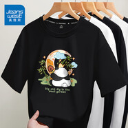 真維斯（Jeanswest）休閑短袖女新款夏季寬松純棉t恤女2025年薄款學(xué)院風(fēng)學(xué)生上衣女裝 黑色 熊貓花園 M 【推薦105-120斤】