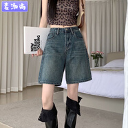 麥潮尚復古水洗直筒牛仔短褲女高腰顯瘦寬松做舊中褲夏季薄款闊腿五分褲 深藍色量 XL
