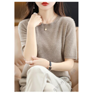 皮爾卡丹（pierre cardin）針織毛衫女圓領(lǐng)短袖衫春秋新款毛衣薄款夏季半袖寬松打底針織上衣 【原駝】圓領(lǐng)短袖 XL 【125-135斤】