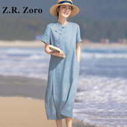 Z.R.Zoro奢侈品連衣裙女2025春季新款新中式旗袍顯瘦裙中國風(fēng)棉麻連衣裙女 淺藍色 M