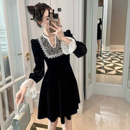 JVH香港潮牌絲絨蕾絲連衣裙女 2025春季新款收腰顯瘦花邊禮服短裙子 小黑裙 M