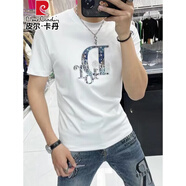 皮爾卡丹男士歐版燙鉆冰絲短袖T恤夏季新款韓版圓領(lǐng)修身潮流體恤半袖上衣 旗艦官方-181白色-國際品牌 L 115-135斤-國際品牌