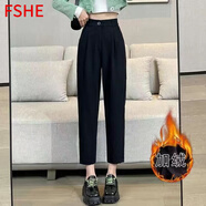 FSHE西裝褲女褲夏季秋薄款小個(gè)子直筒顯瘦西褲高腰黑色九分煙管哈倫褲 黑色九分哈倫褲 款[紐扣松緊腰] 加絨 L 103-113斤