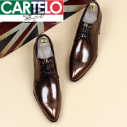 卡帝樂(lè )鱷魚(yú)（CARTELO）英倫尖頭皮鞋男士韓版商務(wù)正裝紅色亮皮婚鞋潮流內增高休閑男鞋子 金色(不增高) 40