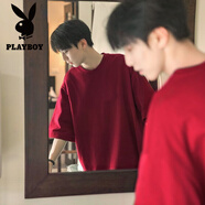 花花公子（PLAYBOY）美式重磅t恤男生鹽系穿搭ootd短袖男三本針純棉五分袖夏季體恤衫 酒紅色 2XL 建議145-165 斤