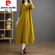 皮爾卡丹（pierre cardin）春秋女領(lǐng)洋氣裝針織毛衣大擺裙寬松長(cháng)款過(guò)膝連衣裙針織 秋香黃 均碼