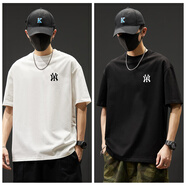 MLBNICE奧特萊斯純棉刺繡短袖恤男夏季寬松百搭半袖潮牌運(yùn)動(dòng)圓領(lǐng)體恤 白色+黑色兩件裝 L  建議140-170斤