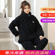 特絲格斯（TSGS）睡衣女冬季加厚套裝珊瑚絨三層夾棉衣加絨加大碼法蘭絨保暖家居服 方格黑色 L (建議體重95-115斤)