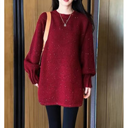 勤記中長(zhǎng)款毛衣女遮臀2024新款慵懶風(fēng)寬松亮片毛衣女2025春季新款大碼 紅色[冬季流行風(fēng)格/入秋高級(jí)感 L建議100-116斤 均碼