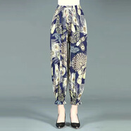 新款夏季女士冰絲束腳花褲子媽媽彈力燈籠褲中年女褲夏天碎花褲子 鳳凰葉 均碼 【80斤-145斤】