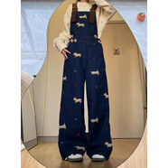 風采兔美式復古臘腸狗刺繡牛仔背帶褲女2025新款卡通寬松休閑闊腿拖地褲 深藍色 4XL