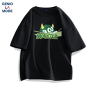 GENIOLAMODEt恤男夏季純棉寬松休閑簡約圓領印花青年百搭短袖男裝 黑色 L
