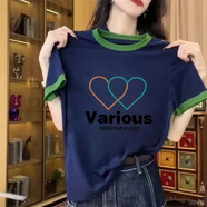 歐洛黛短袖t恤女寬松休閑夏季新款韓版半袖體恤衫上衣女潮百搭女短袖T 藏青色（雙色愛(ài)心） M