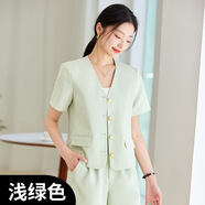 紫魅俏短款西裝套裝女夏季新款短袖小香風外套小個子職業(yè)西服短褲兩件套 淺綠上衣 M