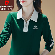 皮爾卡丹品牌冰絲長(cháng)袖t恤女2025新款洋氣女士polo衫翻領(lǐng)寬松打底衫上衣服 墨綠 M 【建議重98斤內】