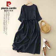 皮爾卡丹（pierre cardin）2025夏款素雅簡(jiǎn)約棉麻連衣裙文藝復(fù)古圓領(lǐng)中袖系帶大擺中長(zhǎng)裙 2024藏青色2025 XL