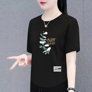 裝中老年短袖t恤女寬松大碼女裝半袖體桖衫洋氣減齡上衣 78下印黑色【中】一支蘭花 3XL
