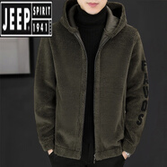 吉普（JEEP）秋冬羊剪絨連帽毛呢夾克加絨加厚皮毛一體男裝刺繡開衫外套 連帽 軍綠色 2XL