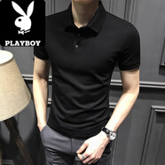 花花公子（PLAYBOY）夏季2025新款男士短袖Polo痞帥高端翻領(lǐng)冰絲T恤衫修身商務(wù)男裝潮 黑色 M 100-110斤