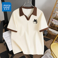 真維斯（JEANSWEST）純棉短袖t恤女夏季新款正肩V領(lǐng)小貓印花學(xué)生設計感潮撞色翻領(lǐng)上衣 米撞棕 紙盒星月貓黑_K XL
