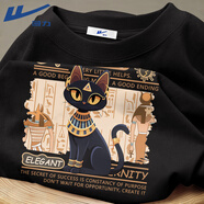 回力短袖t恤女夏季純棉寬松歐美潮流貓咪印花設計感正肩上衣體恤 黑色(埃及HL01文化)短T M