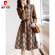 皮爾卡丹（pierre cardin）收腰連衣裙女春秋新款氣質(zhì)高級感長袖顯瘦女神范襯衣領(lǐng)裙子 咖啡色 XL