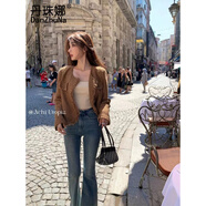 丹珠娜（DanZhuNa）小香風外套女短款春秋2025年早春新款法式百搭長袖粗花呢毛邊上衣 卡其色 L