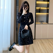 依伊純赫本風(fēng)小黑裙女2025秋冬季新款小香風(fēng)長袖亮絲中長款針織連衣裙子 黑色 S