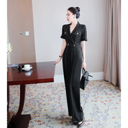 源夫人感夏季新款氣質(zhì)短袖西裝高腰修身顯瘦連體褲女闊腿褲長(cháng)褲套裝 黑色 S 80-97斤