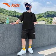 安踏男童運動套裝夏裝冰絲速干短袖短褲兩件套T恤五分褲兒童衣服 黑T黑褲5104 165