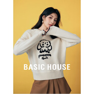 Basic House/百家好春季新款韓系卡通半高圓領(lǐng)插肩袖寬松針織毛衣 米白色 S
