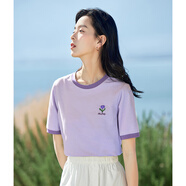 茵曼涼感撞色繡花女裝正肩短袖t恤2025夏季新品打底衫上衣 淺紫色1 M