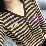 QIXIAO春秋冬新女v領顯瘦橫條紋套頭溥款針織衫打底內(nèi)搭上衣長袖毛衣 駝色 XL 120-130斤