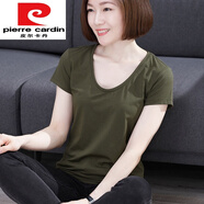 皮爾卡丹（pierre cardin）2024新款夏裝黑色雞心領(lǐng)短袖T恤女寬松v領(lǐng)上衣女白色半袖體恤 軍綠T1581(莫代爾47.5 棉47.5 氨綸5 L
