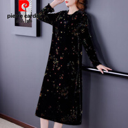 皮爾卡丹（pierre cardin）官方品牌闊太太洋氣碎花絲絨連衣裙女秋冬款氣質(zhì)大碼遮肚金絲絨過(guò) 黑色【中長(cháng)款】 XL 90-125斤