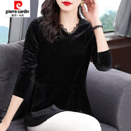 皮爾卡丹（pierre cardin）黑色V領(lǐng)中長(zhǎng)款上衣女秋冬修身大碼收腰長(zhǎng)袖金絲絨時(shí)尚氣質(zhì)歐洲站T 黑色 建議95-110斤 M