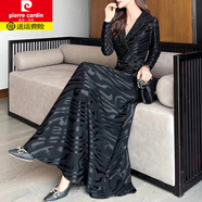 皮爾卡丹（pierre cardin）2025春秋新款V領(lǐng)氣質(zhì)長(cháng)袖連衣裙女垂感顯瘦收腰大擺A字長(cháng)裙子針織 黑色 長(cháng)*袖 2XL 建議120--130斤