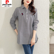 皮爾卡丹（pierre cardin）棉質(zhì)襯衣女秋裝韓版寬松刺繡格子條紋長袖寬松中長款娃娃領(lǐng)襯衫女 黑白條紋 M 85-105斤