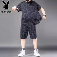 花花公子冰絲運(yùn)動(dòng)套裝男夏季大碼薄款男士速干t恤衫胖子加肥加大寬松短袖 PZ828黑色 高質(zhì)量冰絲套裝 5XL 建議200-225斤