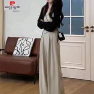 皮爾卡丹（pierre cardin）【店鋪】網(wǎng)紅2025夏季新款女裝顯瘦時(shí)尚套裝女吊帶背心闊腿褲開(kāi)衫 杏色吊帶闊腿褲+黑開(kāi)衫三件套 L