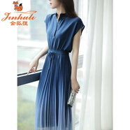 金狐貍2025夏季新款漸變綠色立領(lǐng)收腰設(shè)計(jì)休閑百褶雪紡連衣裙女夏中長(zhǎng)款 漸變藍(lán)色 XL