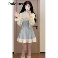 RUIQIUER針織假兩件連衣裙女春秋季新款女裝法式氣質(zhì)百搭收腰顯瘦長袖裙子 奶藍色短款 S