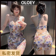 OLOEY深U露溝暈染印花包臀裙夏日性感裸背連衣裙泰式海邊度假 白底碎花+T褲 M