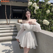 藏顏新款一字肩長(cháng)袖高腰顯瘦蓬蓬連衣裙女2025夏季氣質(zhì)白色公主裙子 白色 S