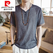 皮爾卡丹（pierre cardin）中國(guó)風(fēng)仿亞麻短袖T恤男復(fù)古青年夏季寬松盤(pán)扣棉麻半袖上衣針織 灰色 M 90-105斤