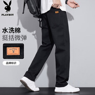 花花公子（PLAYBOY）牛仔褲男款春夏季休閑褲子男士寬松直筒男裝潮流長(zhǎng)褲 黑色 XL