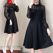 皮爾卡丹（pierre cardin）女裝顯瘦遮肚200斤春秋季連衣裙蕾絲新款大版女裝胖MM打底裙收腰 黑色 M 【100斤內(nèi)】